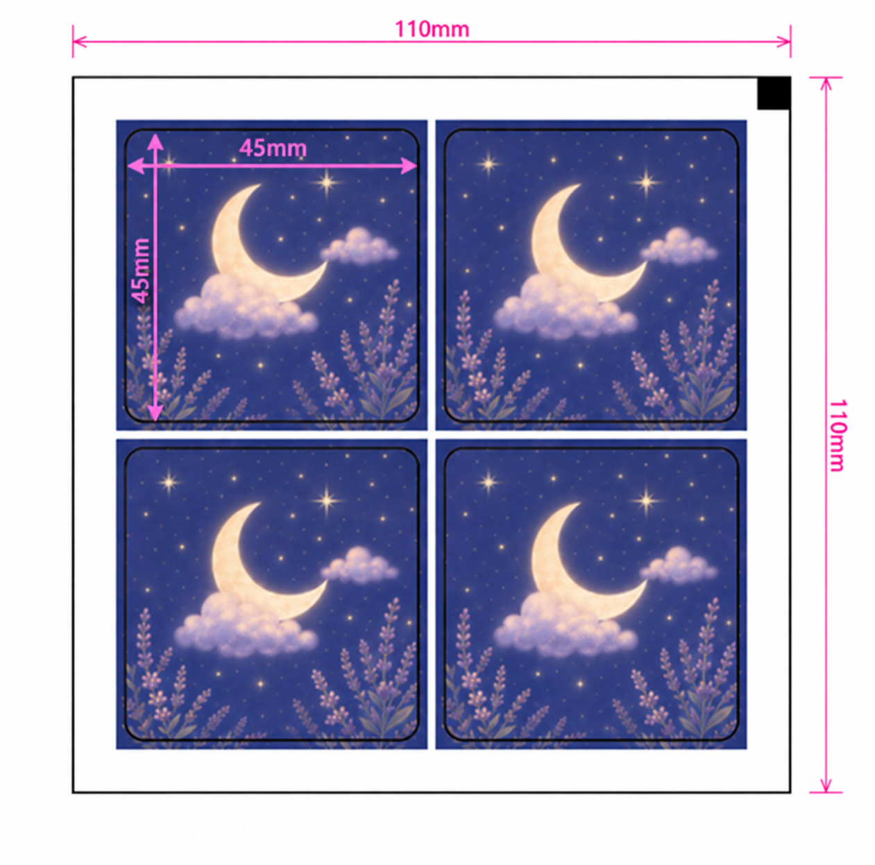 Gnight patch sheet with overall and individual patch dimensions